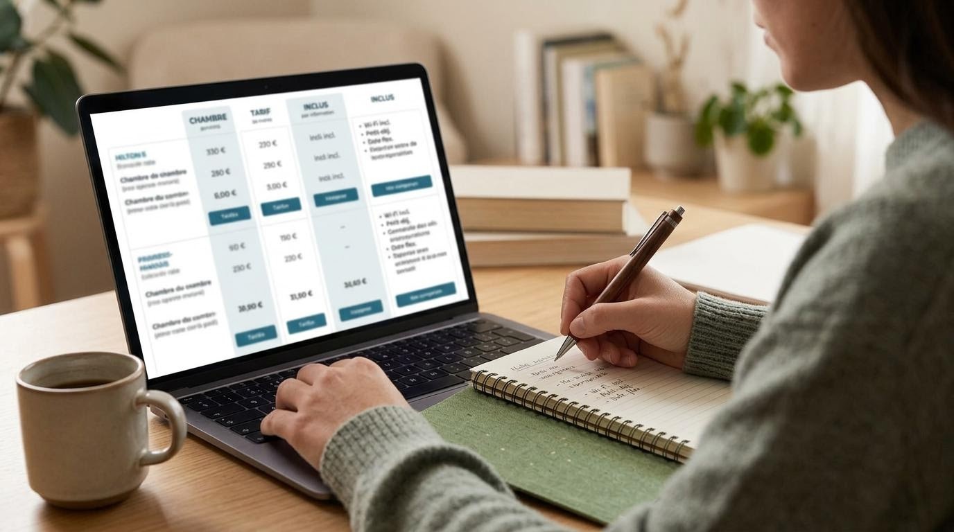 Voyageur comparant plusieurs tarifs hôteliers sur un ordinateur portable et un carnet