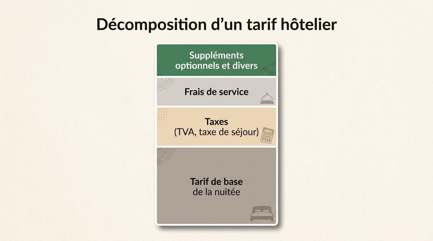Décomposition détaillée d'un forfait hôtelier entre prix de base, taxes et frais de service
