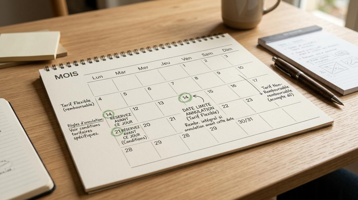 Calendrier avec dates d'annulation entourées et conditions tarifaires annotées