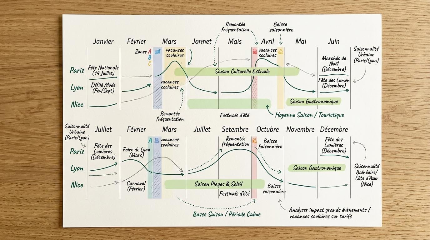 Calendrier annoté des saisons touristiques à Paris, Cannes et Nice avec variations de fréquentation