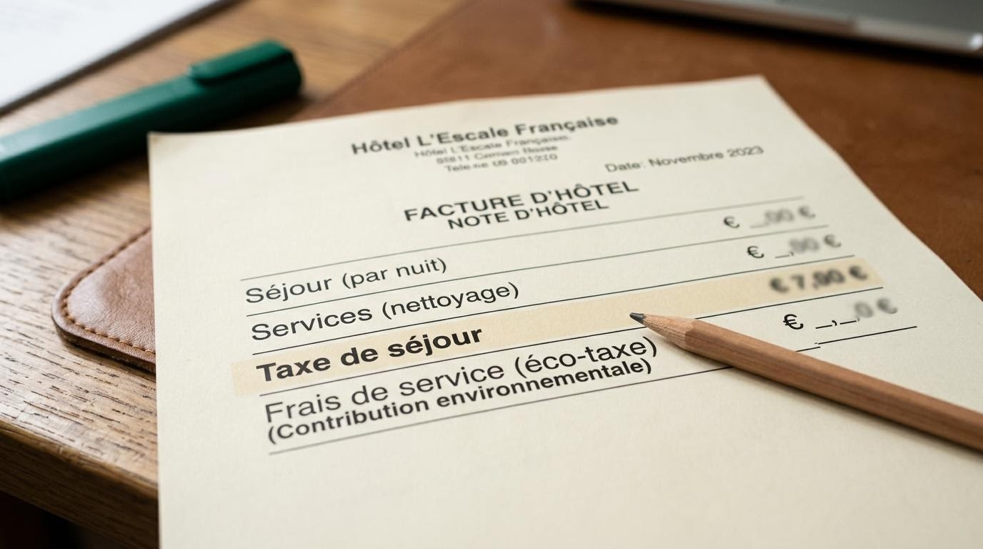 Facture d'hôtel française détaillant la taxe de séjour et les frais additionnels