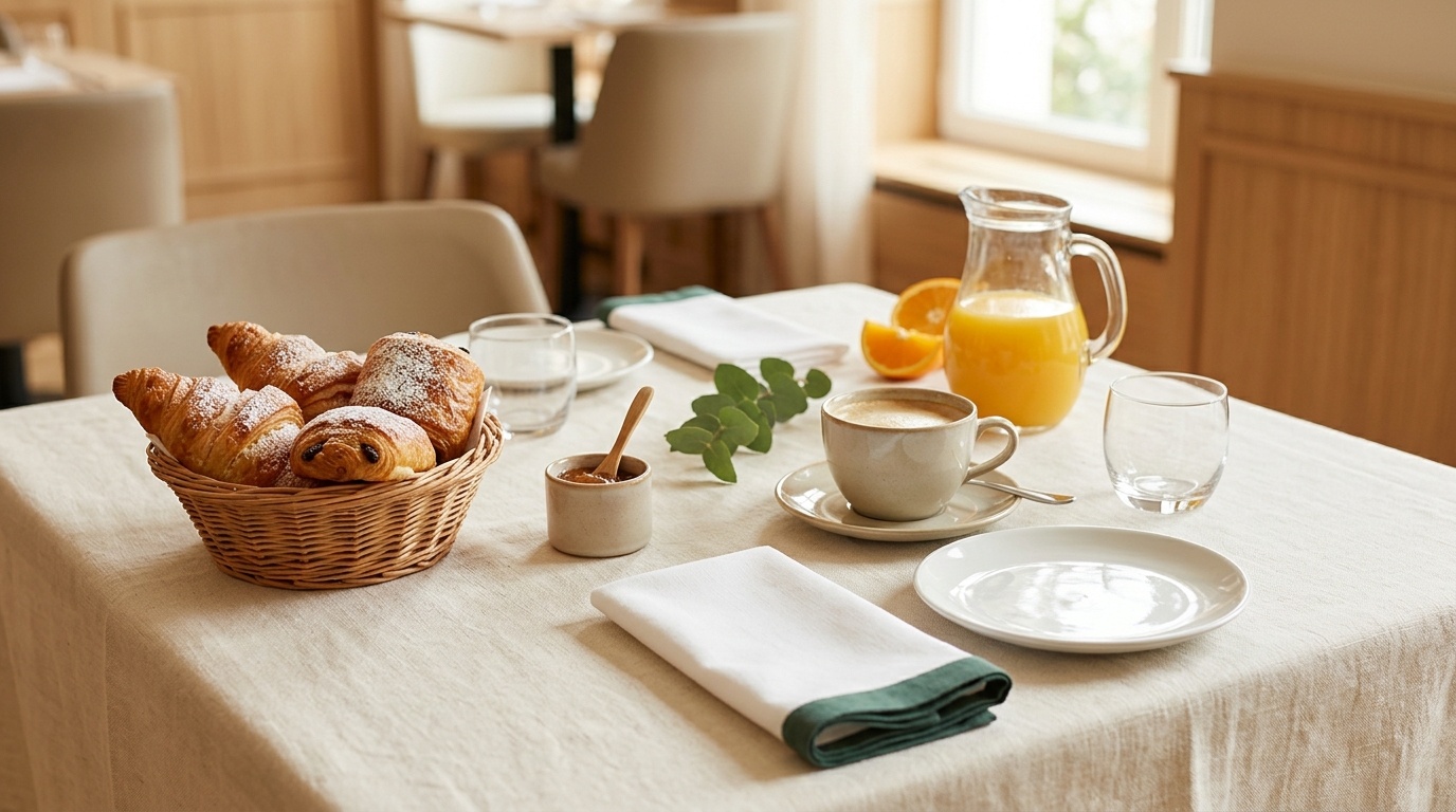 Table de petit-déjeuner d'hôtel illustrant un avantage séjour soumis à conditions