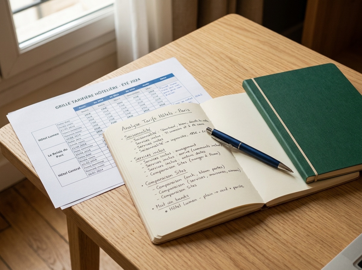 Comparaison de forfaits hôteliers en France avec dates, prix et conditions annotés